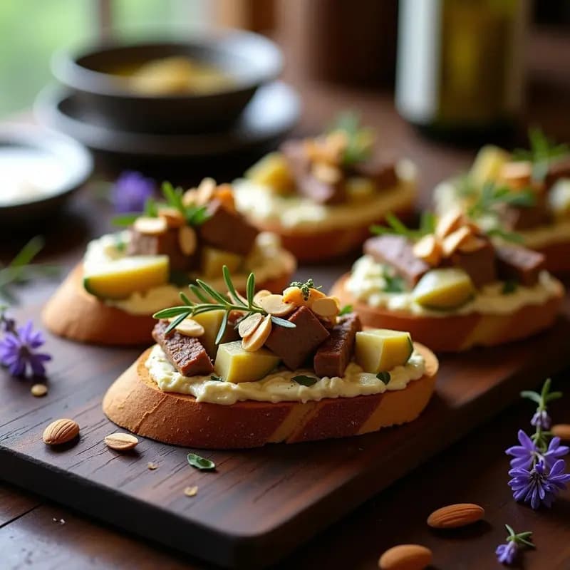 Bruschetta de tomas de cordero y alcachofas sobre pan de trigo sarraceno tostado, con aliño de miel y mostaza, queso de cabra desmenuzable, almendras laminadas y menta fresca, aperitivo francés gourmet sin gluten.
