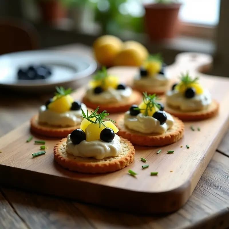Bruschetta de hígado de bacalao y aceitunas sobre crackers de almendra keto, decorada con cebollino fresco y limón confitado, aperitivo portugués bajo en carbohidratos.