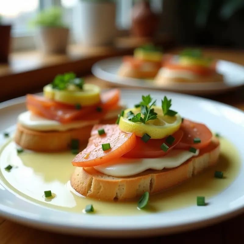 Bruschetta portuguesa tradicional con base de pan de maíz dorado, crema de hígado de bacalao suave y trocitos de limón confitado amarillo brillante, acompañada de perejil fresco y un hilo de aceite de oliva virgen extra.