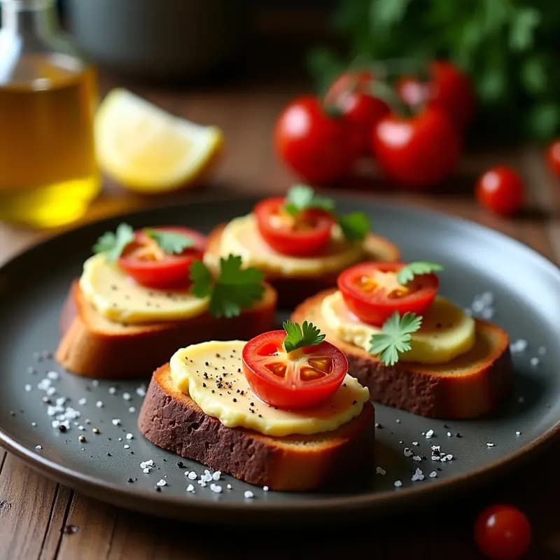 Bruschetta de hígado de bacalao y tomate confitado sobre pan de maíz tostado, decorada con almendras laminadas, cebollino fresco y aceite de oliva aromatizado con romero. Entrante portugués gourmet con contrastes de texturas y sabores umami.