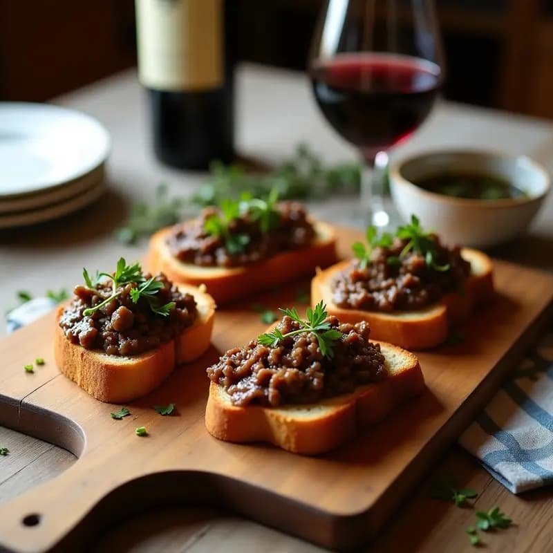 Bruschetta de hígado de pollo y cebolla morada sobre pan rústico tostado, decorada con perejil fresco y un hilo de aceite de oliva. Plato elegante con toques rústicos y colores vibrantes, ideal como aperitivo francés gourmet.