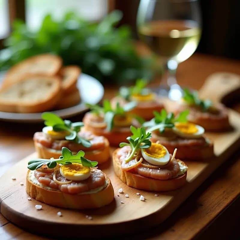 Bruschetta gourmet francesa con hígado de pollo marinado en mostaza de Dijon, cebolla morada caramelizada, huevo de codorniz y rúcula sobre pan baguette tostado, servida en tabla de madera rústica.