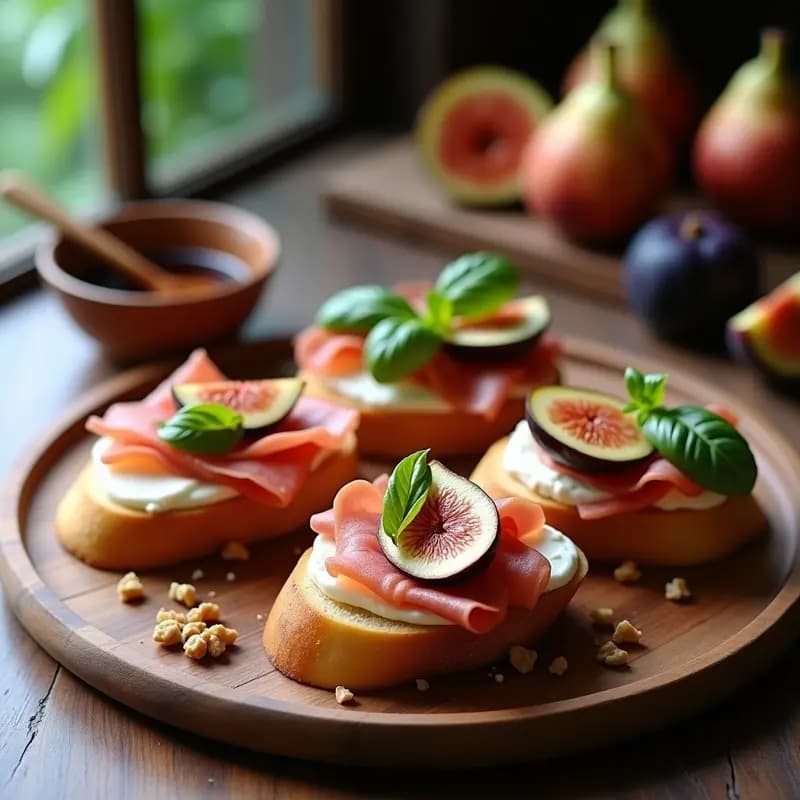 Bruschetta italiana de higos frescos y jamón serrano sobre pan tostado, con queso de cabra cremoso, miel de romero, nueces y vinagre balsámico glaseado, presentada en una tabla de madera rústica.