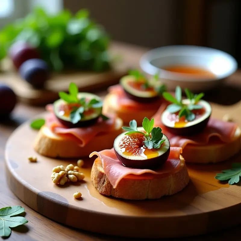 Bruschetta de higos frescos abiertos en flor sobre pan ciabatta tostado, cubiertos con láminas de prosciutto di Parma, rúcula baby, nueces picadas y un hilo de miel de castaño, servida en bandeja de madera rústica con fondo desenfocado.