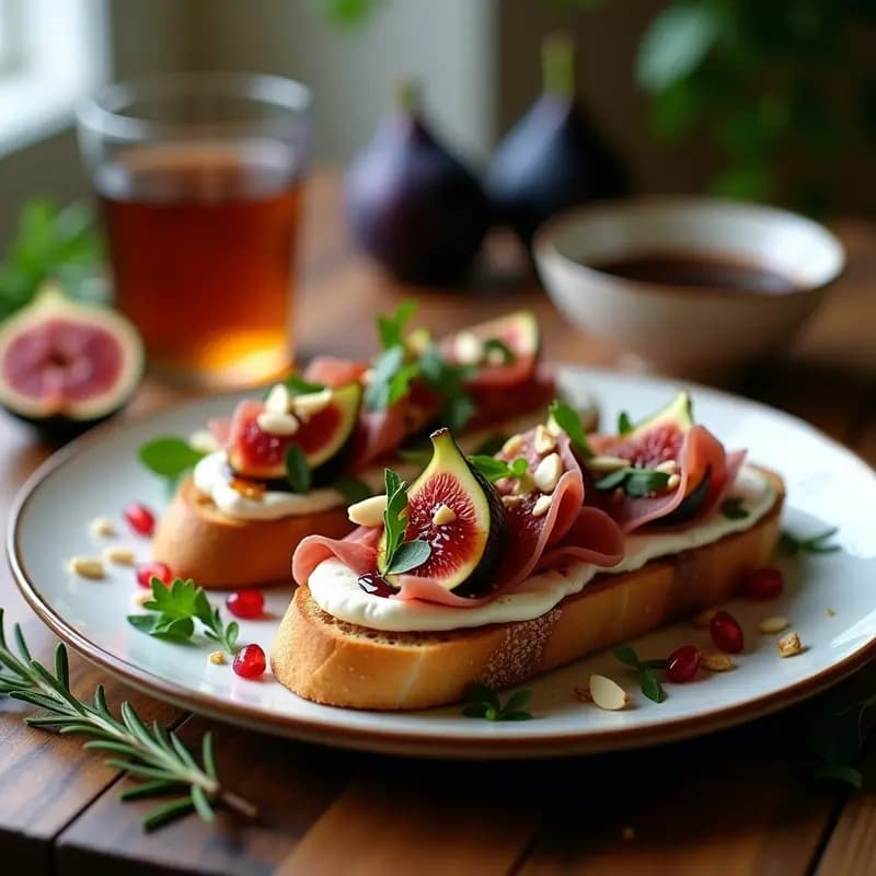 Bruschetta de higos frescos y prosciutto con queso de buratta cremoso, decorada con semillas de granada y almendras tostadas sobre pan ciabatta dorado. Aperitivo italiano elegante con toques de miel y vinagre balsámico.