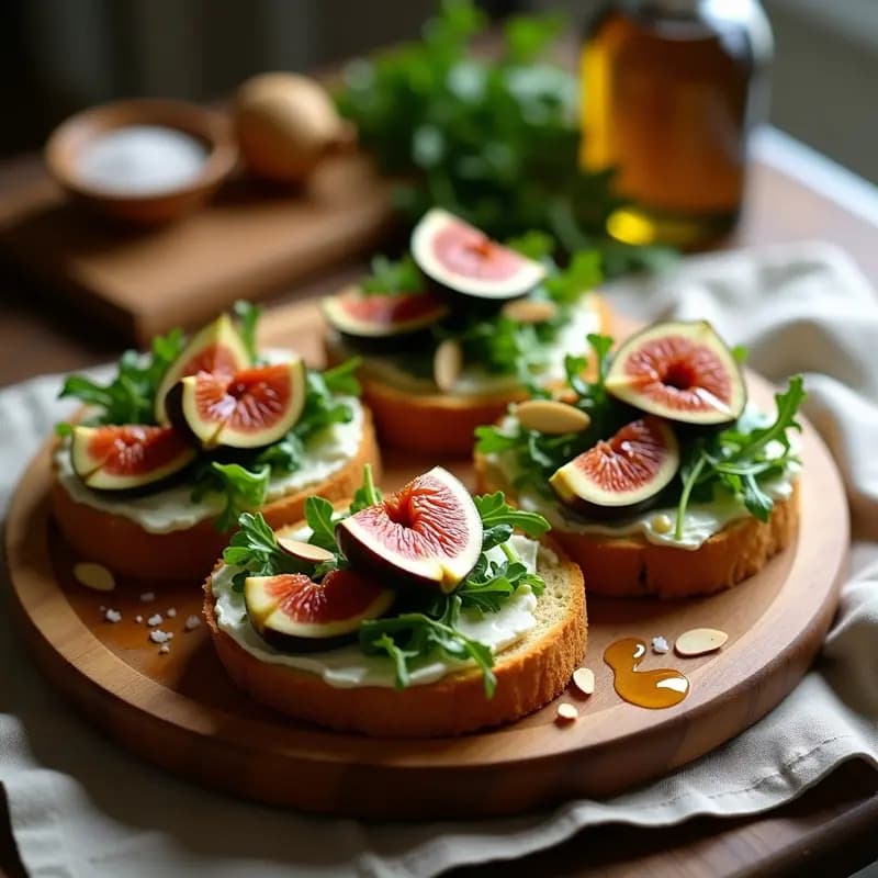 Plato de madera rústico con bruschettas de pan de masa madre tostado, cubiertas con láminas de higo fresco, taquitos de queso de cabra, rúcula aliñada, miel de romero en hilos y almendras fileteadas tostadas. Fondos borrosos de cocina italiana con luz cálida.