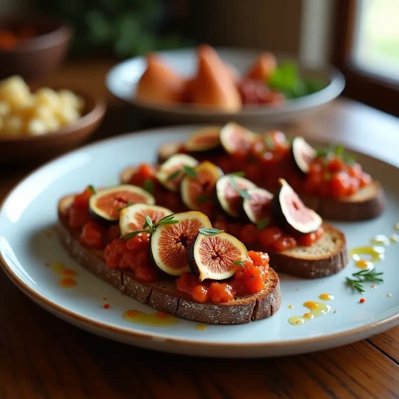 Bruschetta de higuitos asados y romesco sobre pan tostado de trigo sarraceno, con salsa cremosa de almendras y pimentón ahumado, decorada con hierbas provenzales y un hilo de aceite de oliva virgen extra.