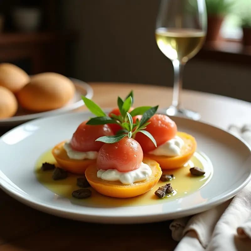 Bruschetta de melón con jamón serrano y queso de buratta sobre pan ciabatta tostado, decorada con miel de romero, pimienta negra y albahaca fresca. Entrante italiano refrescante y elegante en una bandeja de madera rústica.