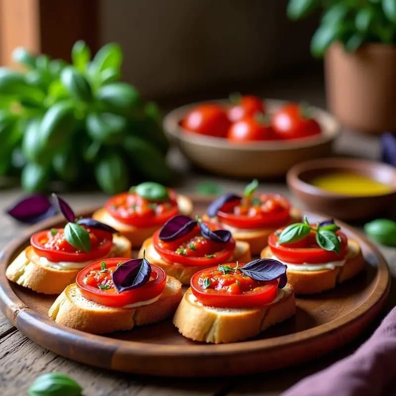 Bruschetta de pan de espelta tostado con tomates confitados dorados, albahaca morada fresca, queso pecorino rallado y piñones tostados, servida en bandeja de madera rústica con fondo de cocina italiana.
