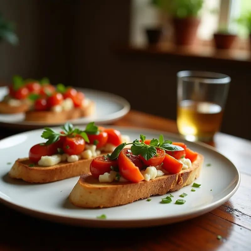 Bruschetta de ventresca y pimientos del Padrón sobre pan de cristal tostado, con tomates cherry macerados y cebollino fresco, presentada en bandeja de madera rústica.