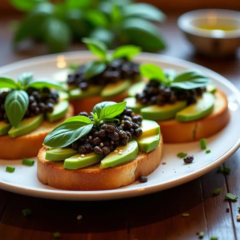 Bruschettas veganas gourmet con láminas de aguacate cremoso, caviar de lentejas beluga especiado con alga nori y pimentón ahumado, sobre pan ciabatta tostado con ajo. Decorado con albahaca fresca, semillas de sésamo y un hilo de aceite de oliva virgen extra.
