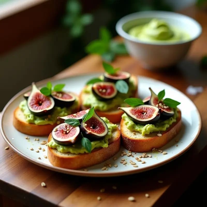 Bruschettas veganas de aguacate cremoso y higos frescos negros abiertos en abanico, sobre pan de centeno tostado crujiente. Decoradas con semillas de cáñamo doradas, hojas de albahaca morada y un hilo de aceite de oliva virgen extra, con sal marina en escamas brillando bajo la luz.