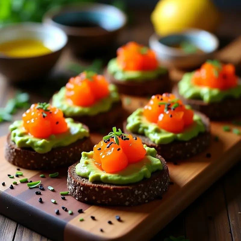 Bruschettas de pan de trigo sarraceno tostado con crema de aguacate verde, huevas de tobiko naranja brillante y semillas de sésamo negro, decoradas con cebollino fresco sobre una tabla de madera rústica, aperitivo italiano-japonés con toque crujiente.