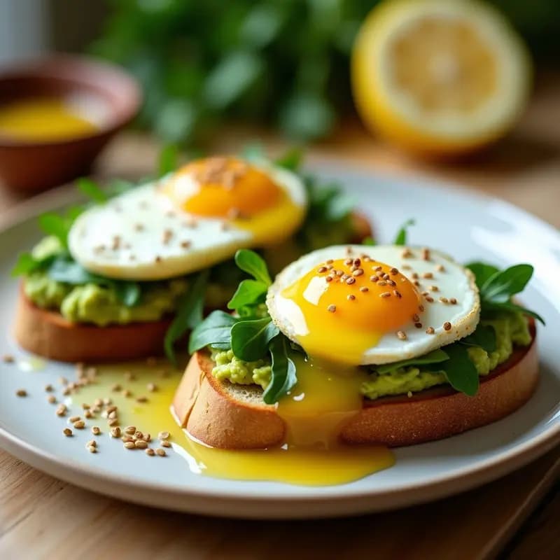 Bruschettas de pan ciabatta tostado con láminas de aguacate cremoso, huevo poché de yema líquida, rúcula fresca y vinagreta de limón brillante, decoradas con semillas de sésamo, servidas en un plato de madera rústico.