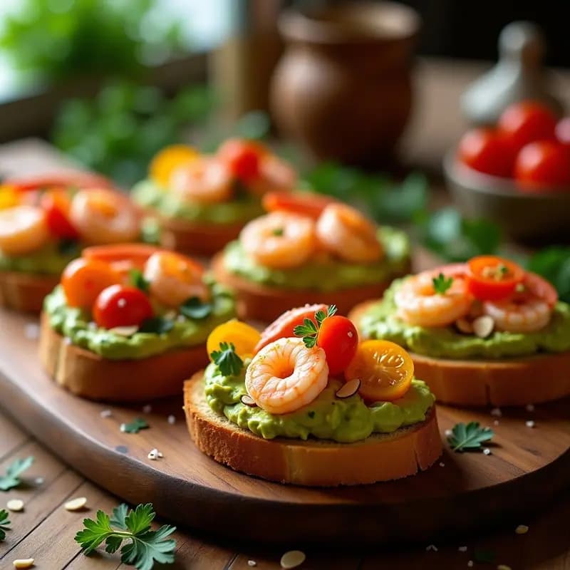 Bruschettas de pan ciabatta tostado con aguacate cremoso, langostinos al ajillo dorados, tomates cherry, almendras fileteadas y perejil fresco. Plato de aperitivo italiano con toque español, servido en bandeja de madera rústica.