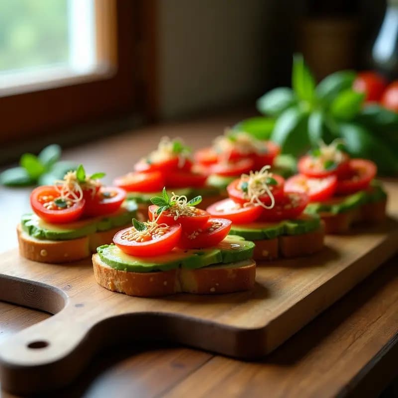Bruschettas de pan tostado dorado con láminas cremosas de aguacate verde, stratocci de tomate rojo en abanico y vinagreta de albahaca verde brillante. Decorado con semillas de sésamo y hojas de albahaca fresca sobre una tabla de madera rústica.