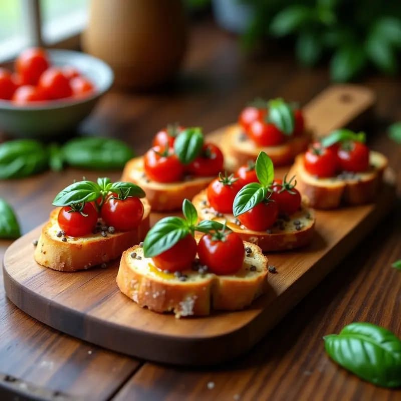 Bruschettas de pan de algarroba dorado y crujiente con tomates cherry confitados, albahaca fresca y semillas de chía, servidas en una tabla de madera rústica. Receta sin gluten y gourmet.