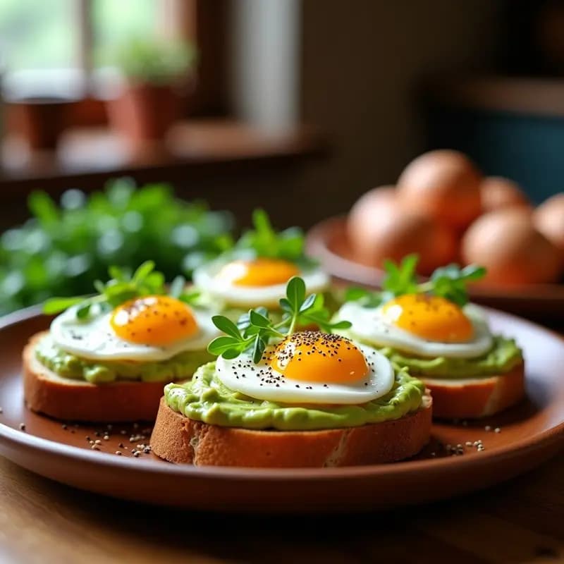 Bruschettas de pan de centeno dorado y crujiente con crema de aguacate verde, huevos pochados con yema líquida, queso pecorino rallado, semillas de sésamo negro y hojas de albahaca fresca, servidas en una tabla de madera rústica con fondo borroso.