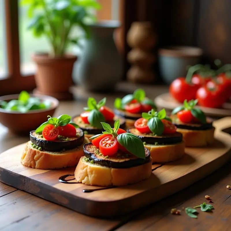 Bruschettas de pan de centeno tostado con rodajas de berenjena asada dorada, untadas con pesto de albahaca morada vibrante, decoradas con tomates cherry y rúcula fresca sobre una tabla de madera rústica.