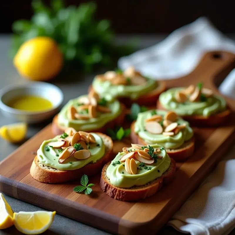 Bruschettas keto de pan de centeno tostado con crema cremosa de alcachofas y anchoas, decoradas con semillas de sésamo y perejil fresco sobre una tabla de madera rústica.