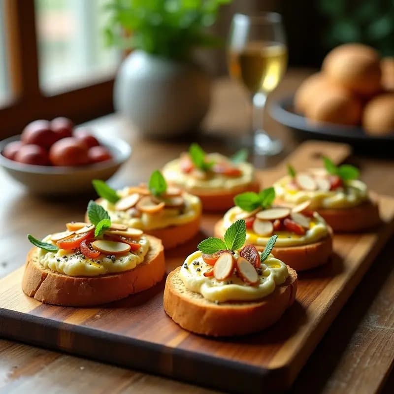 Bruschettas griegas keto de pan de centeno tostado con crema espesa de queso salado Αλμυρά, tomates sun-dried en tiras, almendras fileteadas doradas y rúcula fresca, servidas en una tabla de madera rústica con aceite de oliva virgen extra.