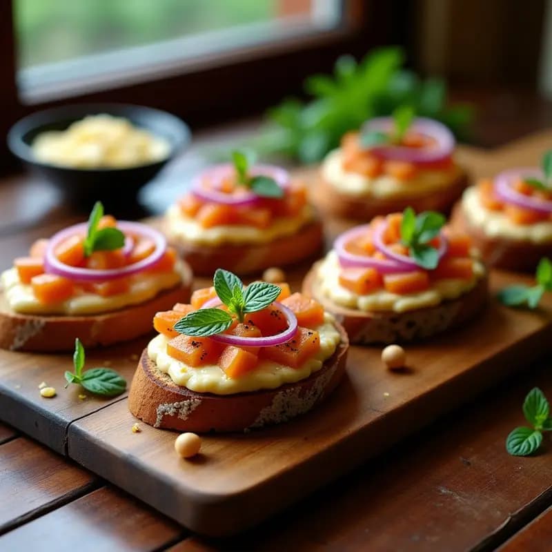 Bruschettas de pan de centeno tostado con puré cremoso de garbanzos, anchoas en aceite, cebolla morada en juliana, perejil y menta fresca, servidas en bandeja rústica de madera con fondo borroso.