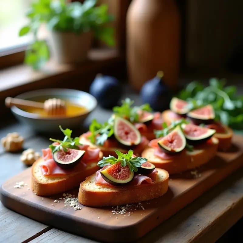 Bruschettas de pan de centeno tostado con láminas de jamón serrano, cuartos de higo fresco, rúcula baby, queso manchego rallado y un hilo de miel de romero, servidas en una tabla de madera rústica con fondo desenfocado.