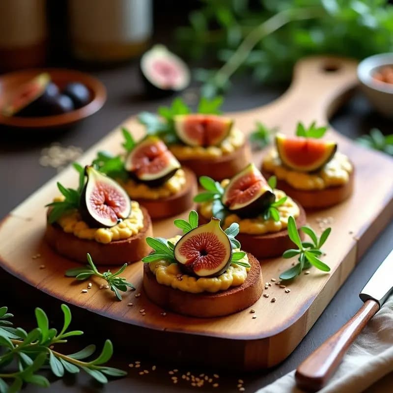 Bruschettas de pan de centeno tostado con puré de garbanzos cremoso, higos caramelizados con reducción de balsámico y semillas de sésamo, aperitivo italiano vegano servido en bandeja rústica de madera.