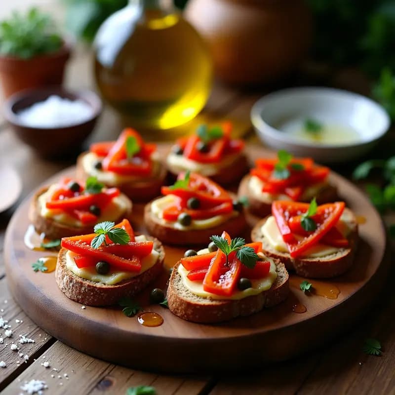 Bruschettas de pan de centeno tostado con tiras de pimientos asados rojos y ventresca de atún desmenuzada, decoradas con perejil fresco y virutas de sal marina sobre una tabla de madera rústica. Receta de entrante español gourmet rápido.