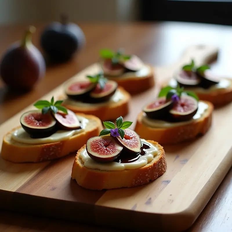 Bruschettas de pan de espelta tostado con queso cremoso de anacardos Berkshire, higos asados caramelizados, nueces picadas y albahaca morada sobre tabla de madera rústica, receta vegana gourmet italiana.