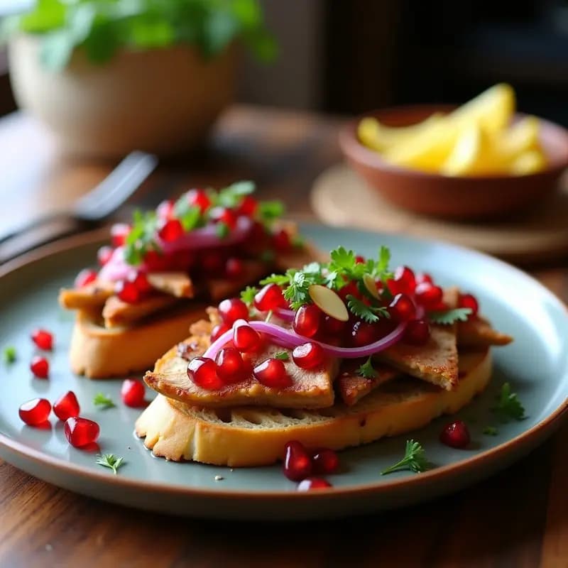 Bruschettas de hígado de pollo dorado sobre pan de pita armenio tostado, bañadas con vinagreta de granado brillante, decoradas con semillas de granada rojas, cebolla morada picada, perejil fresco y almendras fileteadas. Plato gourmet armenio con colores vibrantes y textura crujiente.