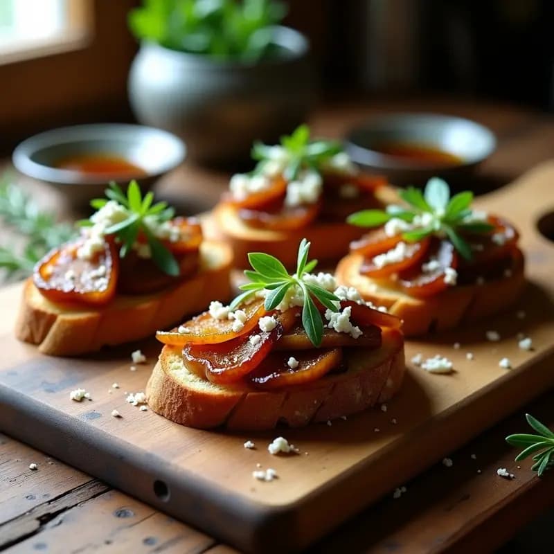 Plato de madera rústico con 4 bruschettas de hígados de pollo dorados y cebolla caramelizada en pan ciabatta tostado, decoradas con almendras fileteadas y vinagre balsámico, receta italiana de alta cocina.