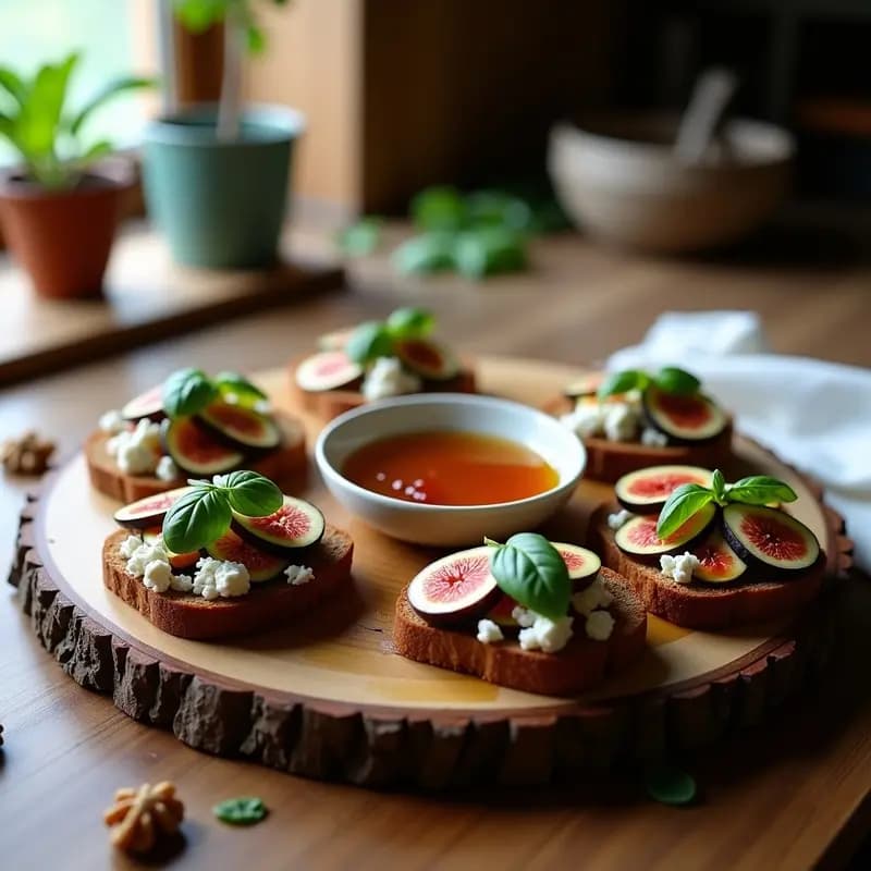 Bruschettas de pan de centeno tostado con higos abiertos en abanico, queso de cabra desmenuzado, miel de lavanda y hojas de albahaca, servidas en una tabla de madera rústica con reducción de vinagre de manzana y pimienta rosa.