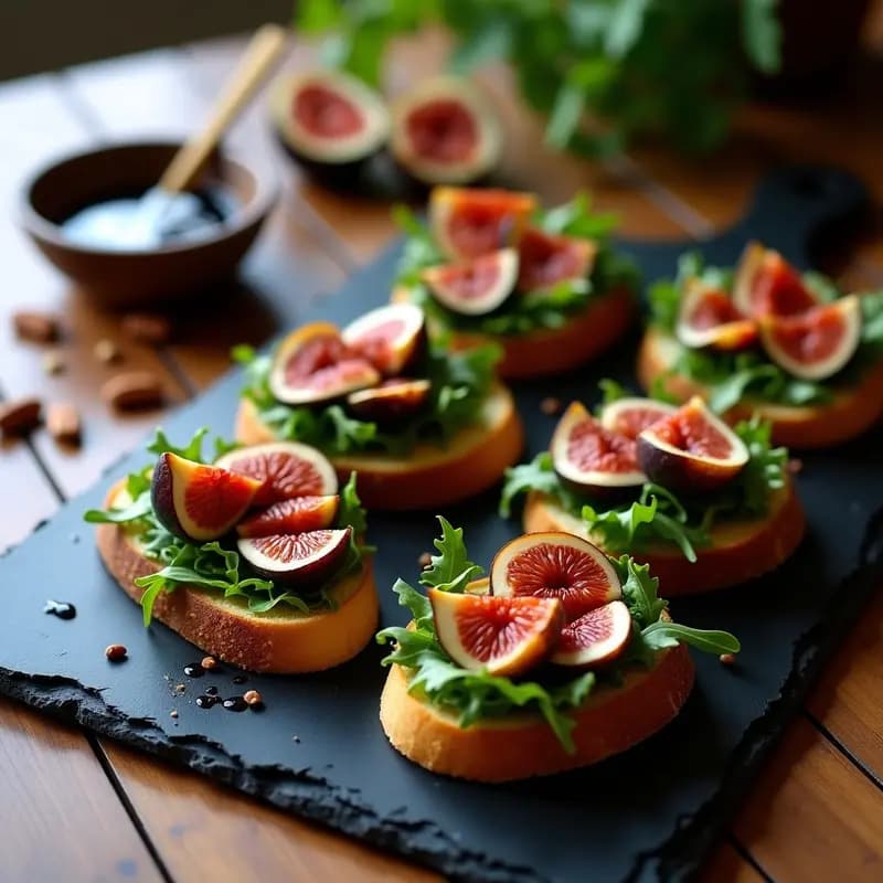 Bruschettas veganas de higos y prosciutto de hongos sobre pan de centeno tostado, con láminas doradas de hongos portobello, rodajas de higo fresco, rúcula y nueces pecanas, bañadas en vinagre balsámico de Módena.