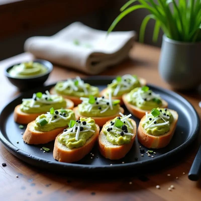 Bruschettas de hummus de edamame y rábano daikon sobre pan tostado, con semillas de amapola y alga nori. Entrante japonés vegano y crujiente listo para servir.