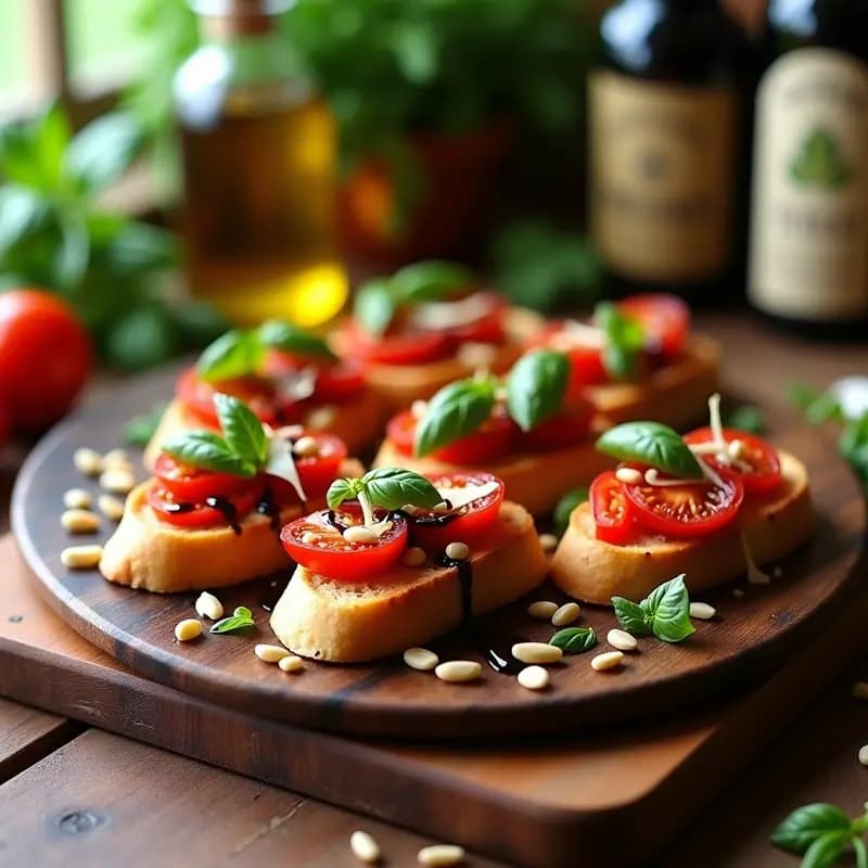 Bruschettas italianas con tomate confitado y albahaca sobre tabla de madera rústica, con pan ciabatta tostado, gajos de tomate dorados, hojas verdes de albahaca, piñones y láminas de parmesano, bañadas en vinagre balsámico.