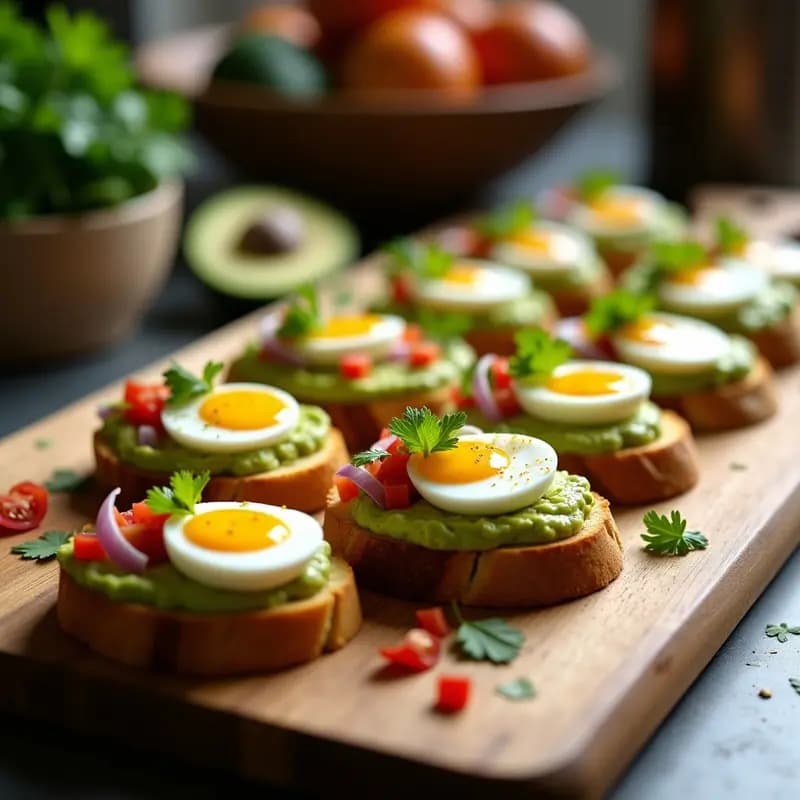 Bruschettas de pan de maíz tostado con crema de aguacate verde, huevos de codorniz cortados por la mitad mostrando la yema líquida, y decoración de tomate, cebolla morada y cilantro fresco sobre una tabla de madera rústica.