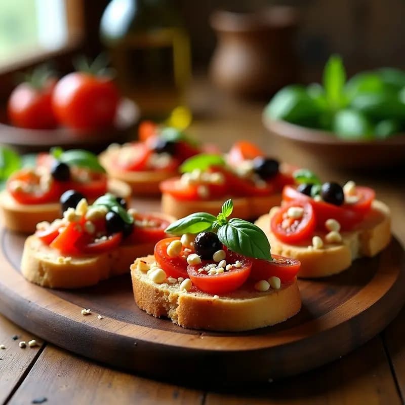 Bruschettas de pan de ajo doradas en airfryer, con toppings de tomates secos, aceitunas Kalamata, queso Pecorino, albahaca fresca y piñones tostados, servidas en una tabla de madera rústica.