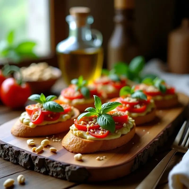 Bruschettas keto de pan de almendras dorado con pesto cremoso de tomates secos y albahaca fresca, servidas en bandeja de madera rústica con aceite de oliva virgen extra.