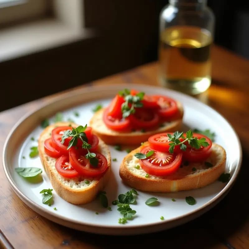 Bruschettas de pan de centeno tostado con tapenade de aceitunas negras y tomates secos, decoradas con albahaca fresca y semillas de sésamo. Aperitivo mediterráneo crujiente y lleno de sabor.