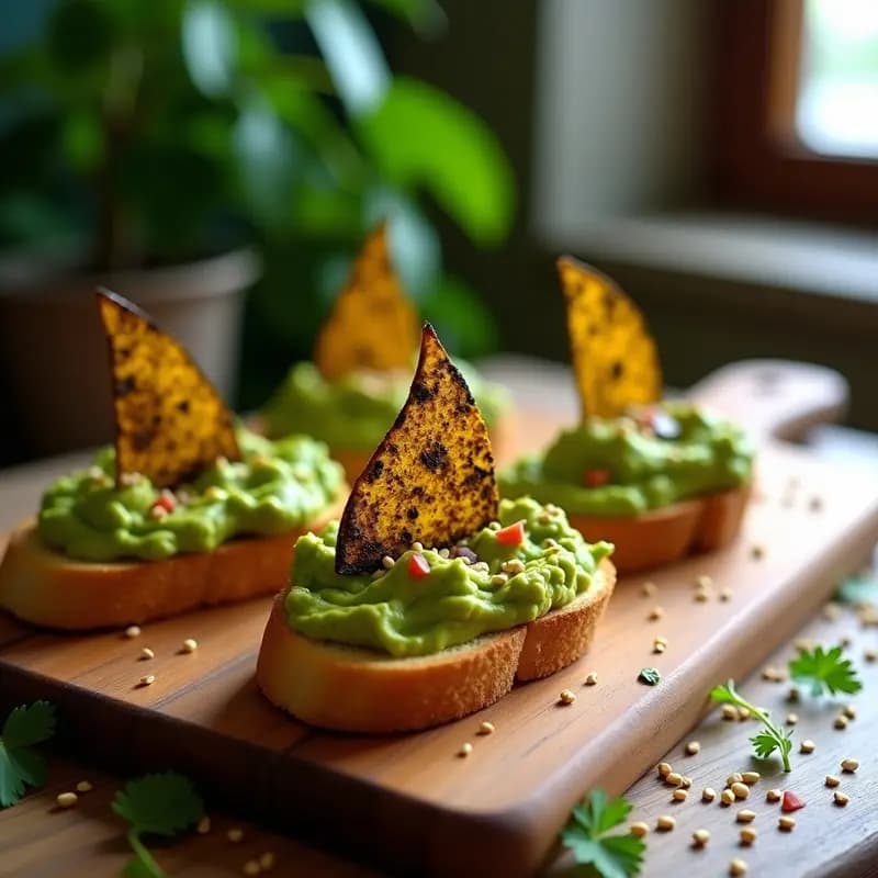 Bruschettas de pan de maíz dorado con guacamole verde vibrante y chips de algas nori tostadas en forma de velas, decoradas con semillas de sésamo sobre una tabla de madera rústica, aperitivo crujiente y vegano.