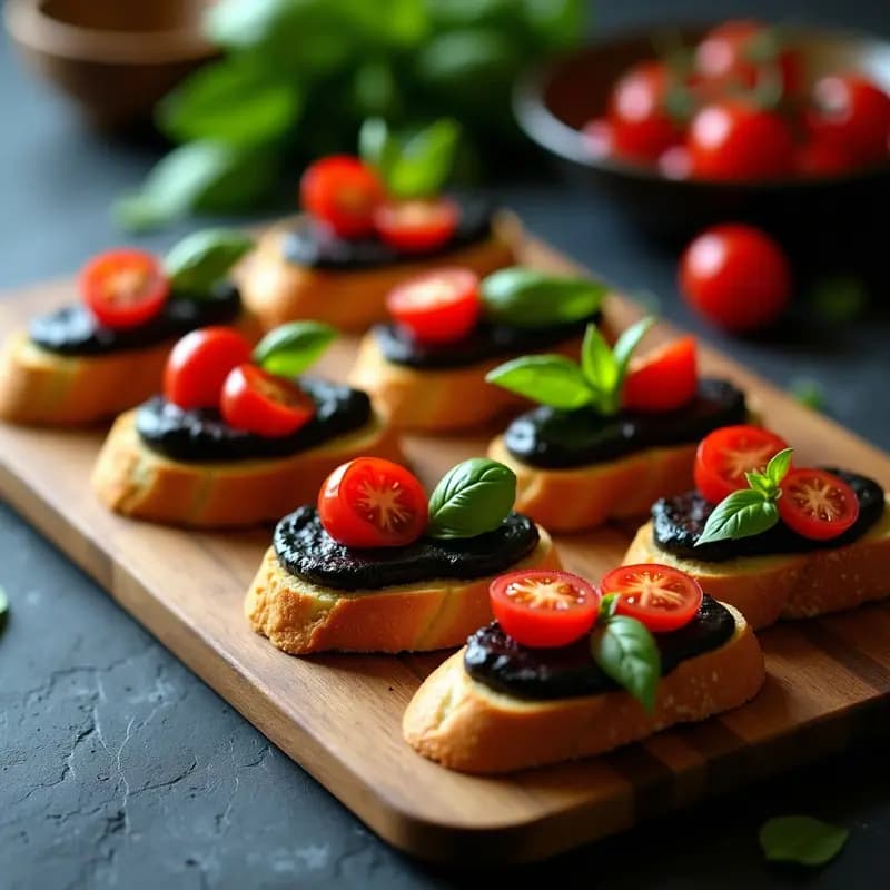 Bruschettas de pan de mandioca dorado y crujiente con crema de aceitunas negras untuosa, decoradas con tomates cherry rojos y hojas de albahaca fresca sobre una tabla de madera rústica.
