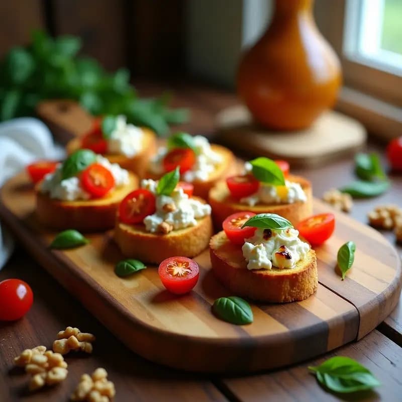Bruschettas de pan de plátano doradas con toppings dulces de miel y nueces, y salados de queso de cabra, tomate cherry y albahaca, servidas en una tabla de madera rústica. Receta sin gluten, innovadora y viral.