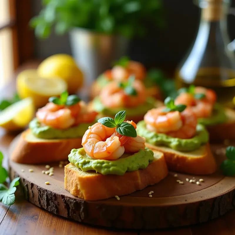 Bruschettas de pan de yuca dorado tostado, cubiertas con crema de aguacate verde brillante, langostinos rosados salteados y decoradas con albahaca fresca y semillas de sésamo sobre una tabla de madera rústica.