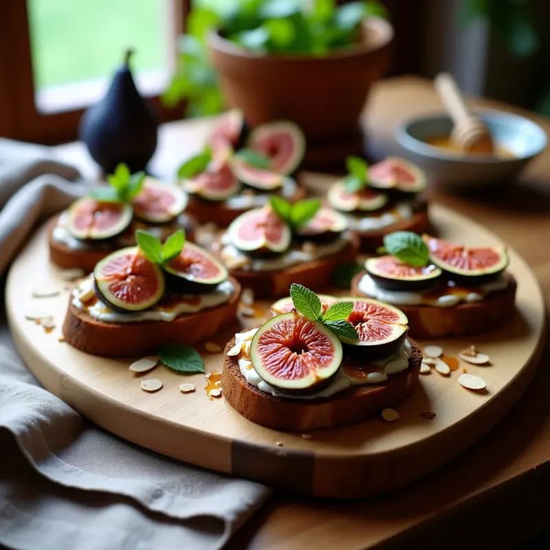 Bruschettas de pan de centeno tostado con crema de ricotta suave, higos frescos en cuartos, miel de romero, semillas de amapola y hojas de menta, sobre tabla de madera rústica. Receta italiana dulce-salada.