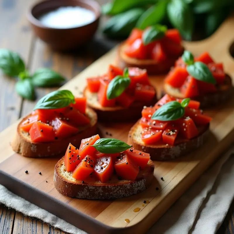 Bruschettas de tomate y albahaca con pan de centeno sobre tabla de madera rústica, con tomates rojos en cubos, hojas de albahaca morada y semillas de sésamo, receta italiana sin lácteos.