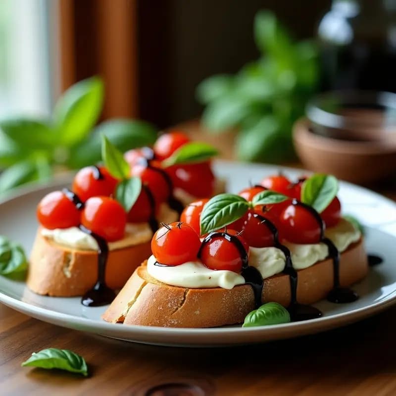 Bruschettas de tomate confitado y burrata vegana sobre pan integral tostado, decoradas con albahaca fresca y hilo de vinagre balsámico, entrante italiano de lujo sin lácteos.