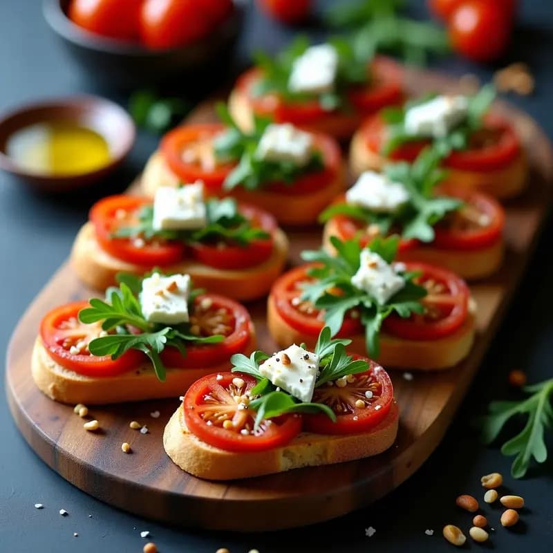 Bruschettas de tomate seco y queso de cabra sin lactosa sobre pan de espelta tostado, con rúcula, piñones y hierbas provenzales, entrante italiano gourmet.