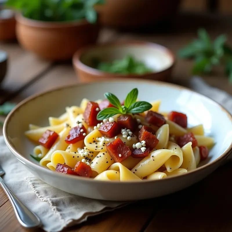 Plato hondo de cerámica blanca con Bryndzové Halušky, pasta eslovaca tradicional de color beige claro, cubiertos con queso de oveja bryndza desmenuzado y trozos dorados de tocino ahumado. Acompañados de cebolla morada caramelizada y espolvoreados con pimienta negra. Fondo rústico con servilleta de lino.