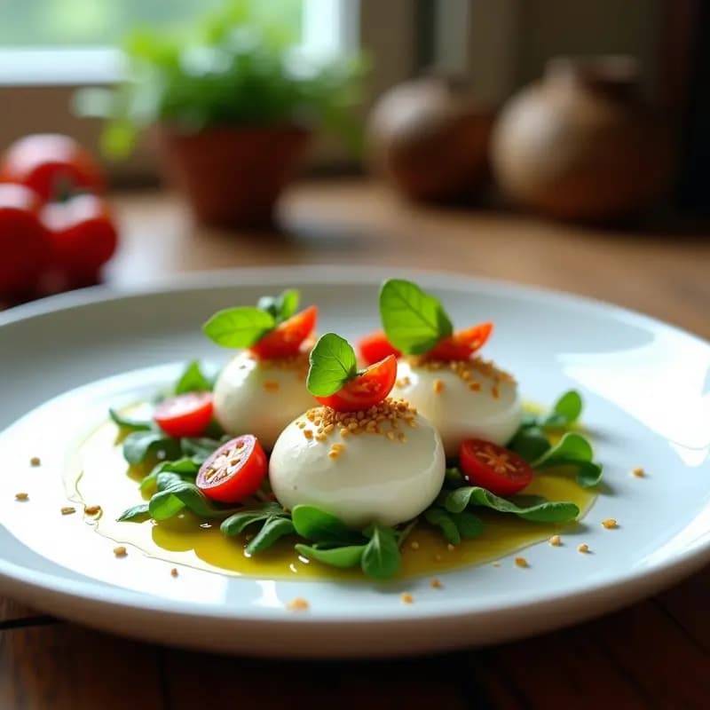 Plato blanco minimalista con quenchées de brynza vegana cremosa, decorados con tiras de tomates secos, hojas de albahaca fresca, semillas de sésamo tostadas y un hilo de aceite de oliva virgen extra sobre una base de rúcula bebé. Entrante ucraniano vegano y keto.